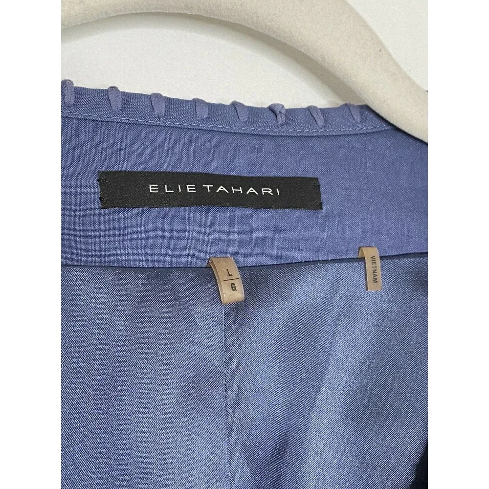 Elie Tahari Linen Snap Front Career Work Lightweight Blue Blazer Jacket Size L - Picture 3 of 4